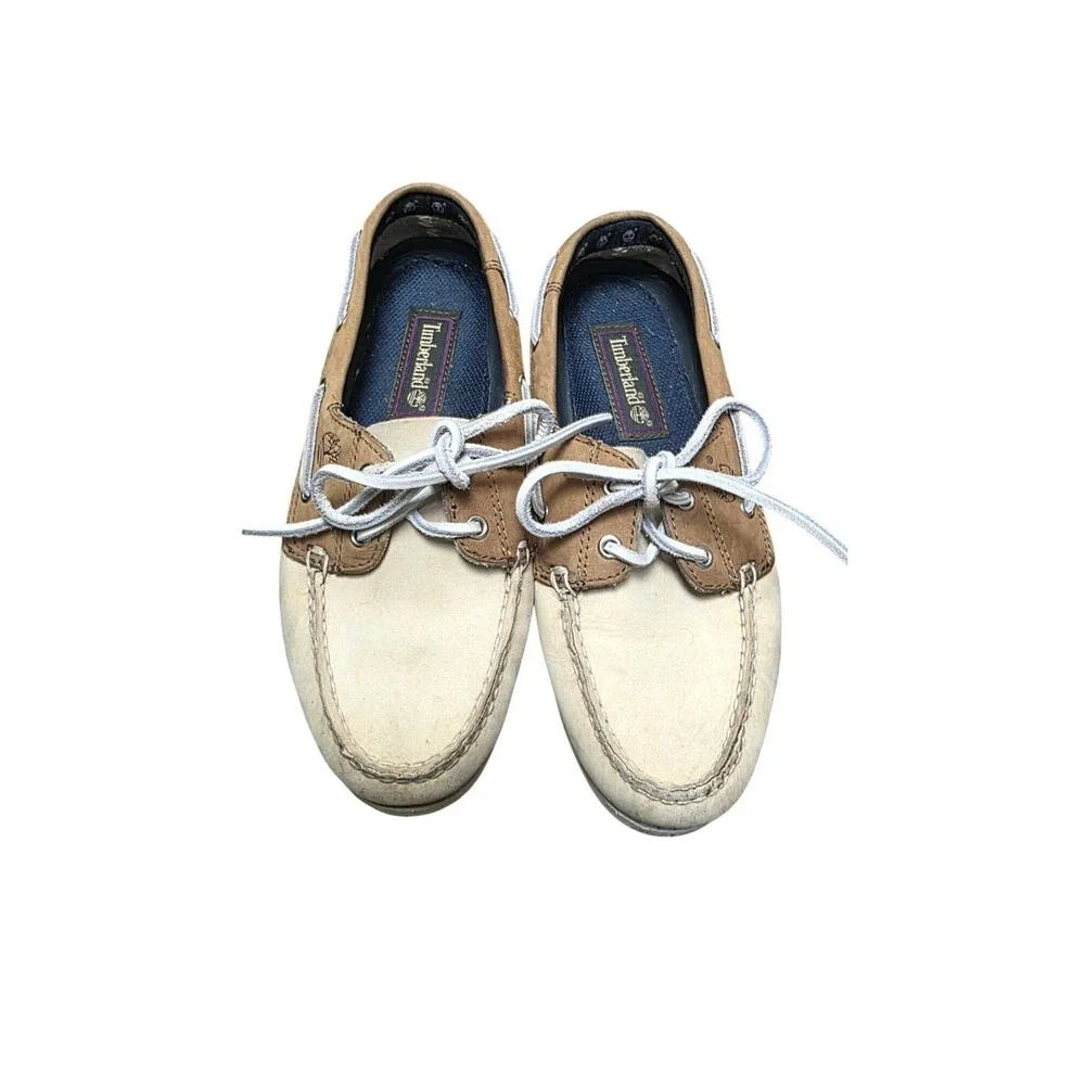 Timberland Mens Classic Beige & Brown Leather Boat Shoes Size‎ 7M